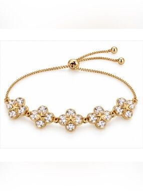 New 925 Plated Gold Floral Crystal Adjustable Bracelet - Women Jewelry